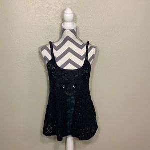 FREE PEOPLE crocheted black tank with sequins and lace~ Size Large